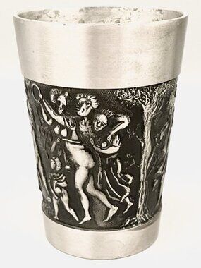 Vintage German Pewter Wine Tumbler High Relief Roman God of Wine Rubens 1618